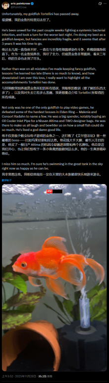 “最会打游戏”的金鱼去世了:曾经“游死”《艾尔登法环》的“米塔恩”