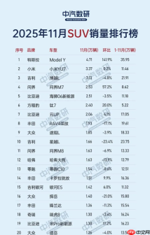 11月中国SUV排名出炉:Model Y销量暴涨 小米YU7第二