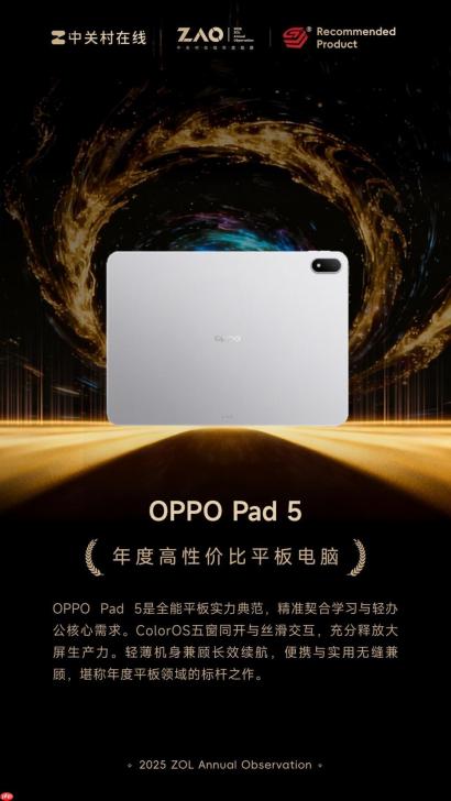 ZOL 推荐 2025 年度高性价比平板电脑：OPPO Pad 5