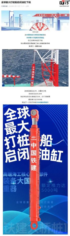 全球最大打桩船启闭油缸下线，一次性可举起“3500 辆家用轿车”