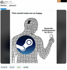 玩家用户呼吁V社优化Steam内成就系统 游戏本体成就与DLC成就区分开 降低全成就实现难度
