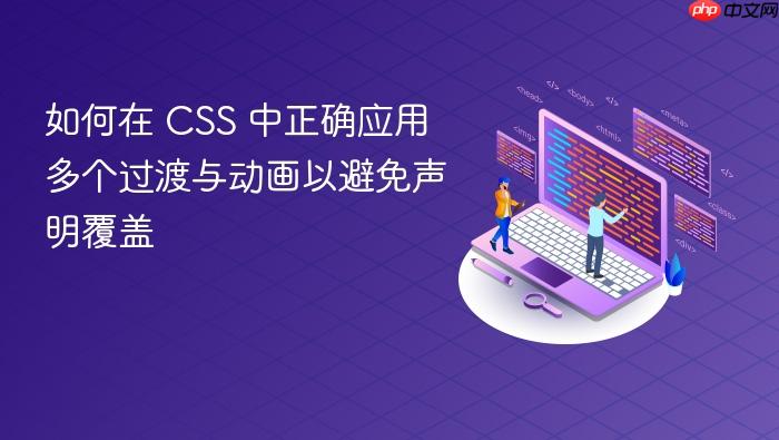 如何在 CSS 中正确应用多个过渡与动画以避免声明覆盖
