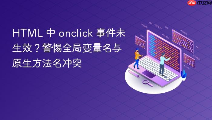 HTML 中 onclick 事件未生效?警惕全局变量名与原生方法名冲突