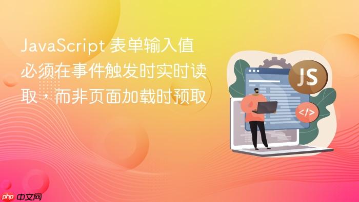 JavaScript 表单输入值必须在事件触发时实时读取,而非页面加载时预取