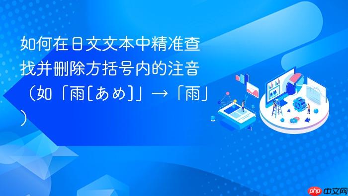 如何在日文文本中精准查找并删除方括号内的注音（如「雨[あめ]」→「雨」）
