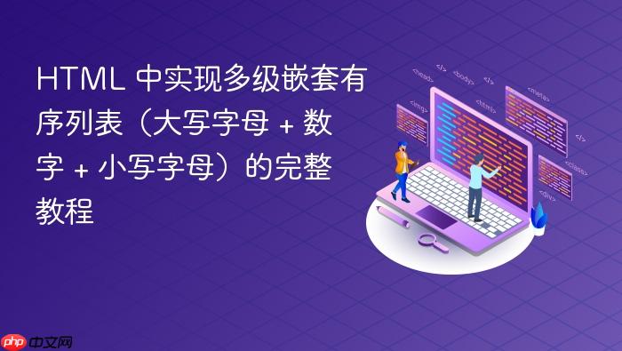 HTML 中实现多级嵌套有序列表(大写字母 + 数字 + 小写字母)的完整教程