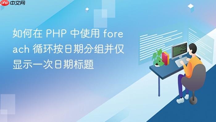 如何在 PHP 中使用 foreach 循环按日期分组并仅显示一次日期标题