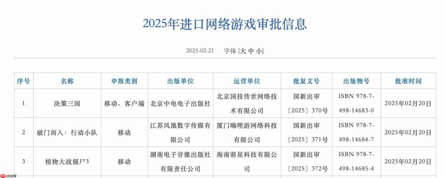 2025年2月进口+国产版号发布！