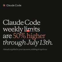 Anthropic宣布提升Claude Code额度:每周限额叠加增长50%，持续至7月13日