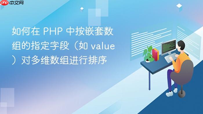 如何在 PHP 中按嵌套数组的指定字段(如 value)对多维数组进行排序