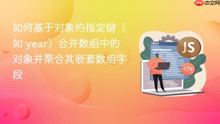 如何基于对象的指定键（如 year）合并数组中的对象并聚合其嵌套数组字段
