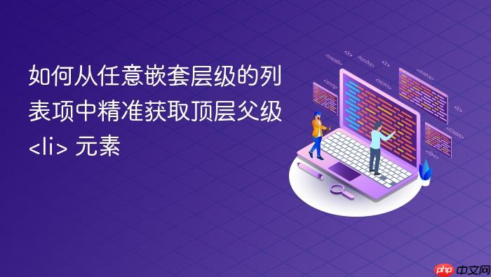 如何从任意嵌套层级的列表项中精准获取顶层父级 <li> 元素
