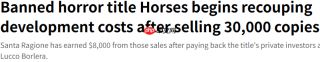 邪典恐游《Horses》已卖3万份 官方承认4.2万开发成本仍未回本