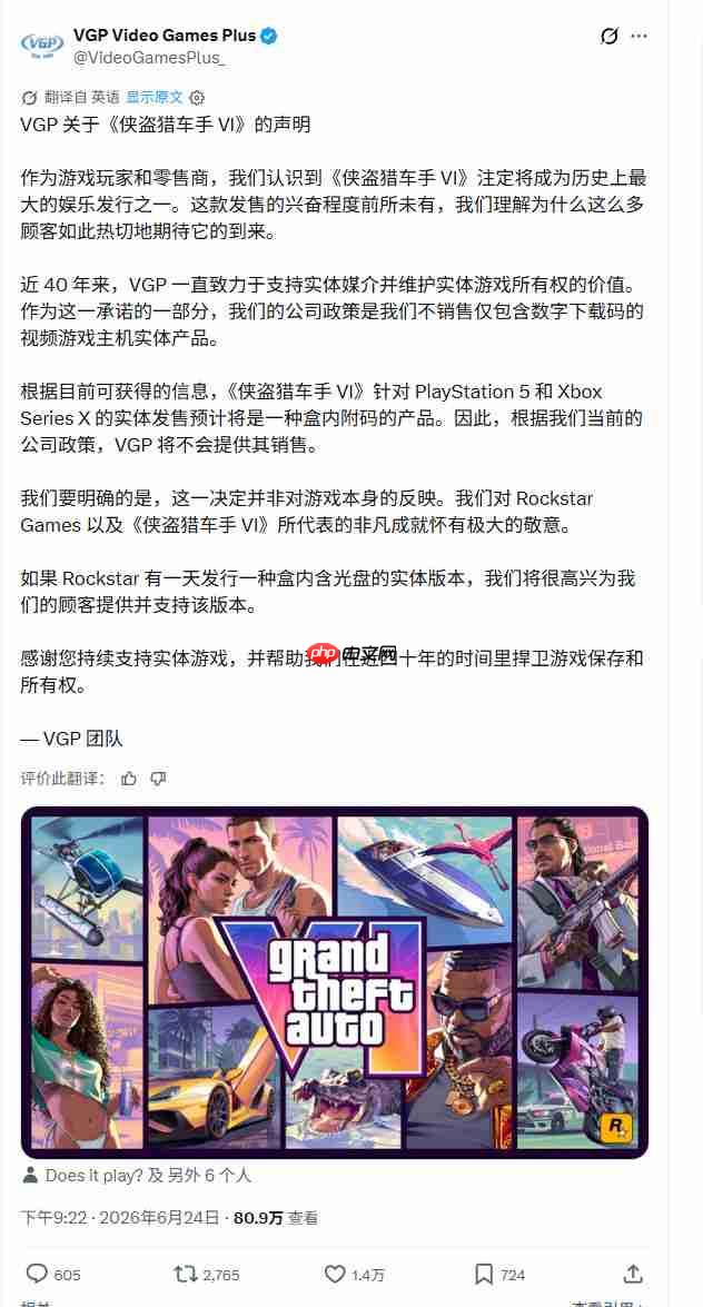 《GTA6》实体版无光盘引抵制 北美两家零售商拒卖