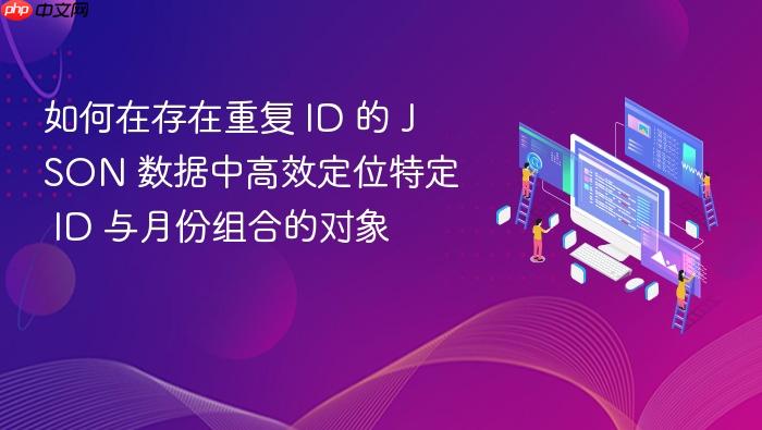 如何在存在重复 ID 的 JSON 数据中高效定位特定 ID 与月份组合的对象
