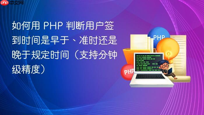 如何用 PHP 判断用户签到时间是早于、准时还是晚于规定时间(支持分钟级精度)