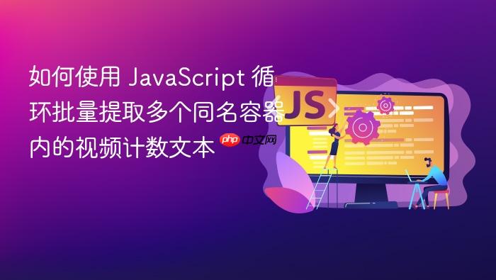如何使用 JavaScript 循环批量提取多个同名容器内的视频计数文本
