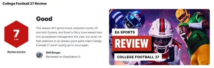 《EA SPORTS College Football 27》IGN7分：平平无奇！