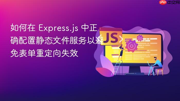 如何在 Express.js 中正确配置静态文件服务以避免表单重定向失效