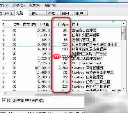 任务管理器查看进程句柄数