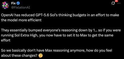 GPT-5.6 Sol一夜变笨,思考预算960砍到128,没智力固定的模型了?