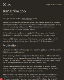 嫌whisper.cpp和ONNX不够用？Handy作者开源transcribe.cpp：60+转录模型、GPU加速、即插即用替代