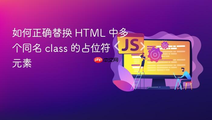 如何正确替换 HTML 中多个同名 class 的占位符元素

