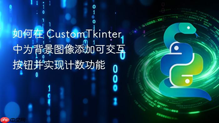 如何在 CustomTkinter 中为背景图像添加可交互按钮并实现计数功能