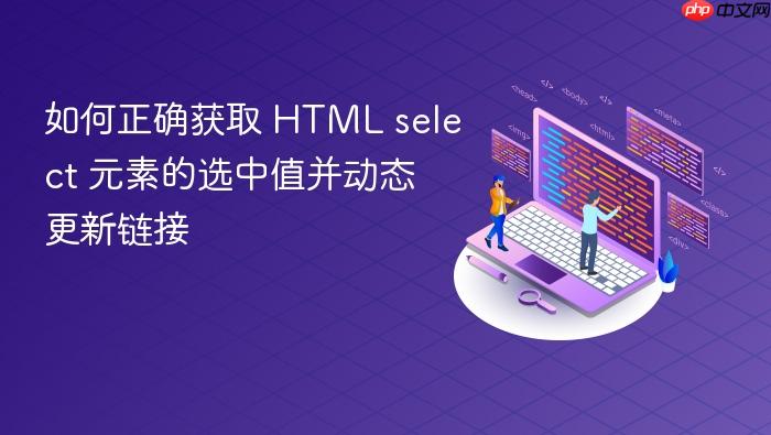 如何正确获取 HTML select 元素的选中值并动态更新链接