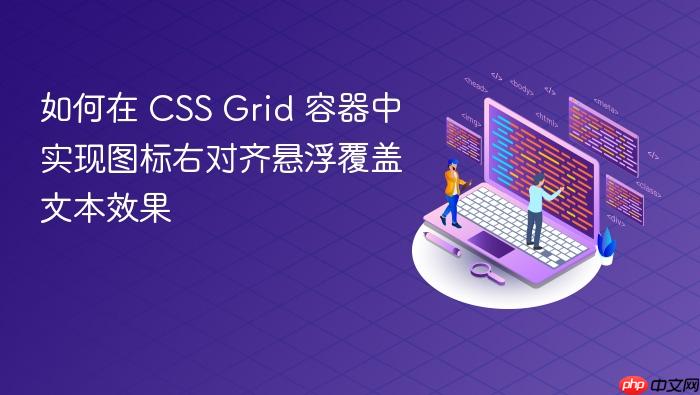 如何在 CSS Grid 容器中实现图标右对齐悬浮覆盖文本效果