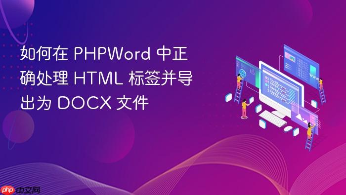 如何在 PHPWord 中正确处理 HTML 标签并导出为 DOCX 文件