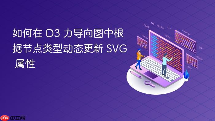 如何在 D3 力导向图中根据节点类型动态更新 SVG 属性

