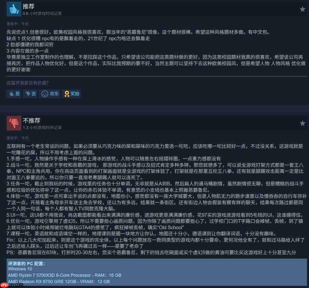《恶霸鲁尼》精神续作《阿吉菲尔德高中》Steam多半差评