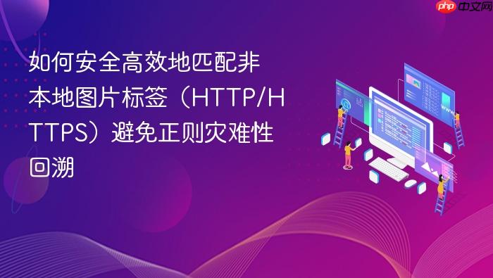 如何安全高效地匹配非本地图片标签(HTTP/HTTPS)避免正则灾难性回溯