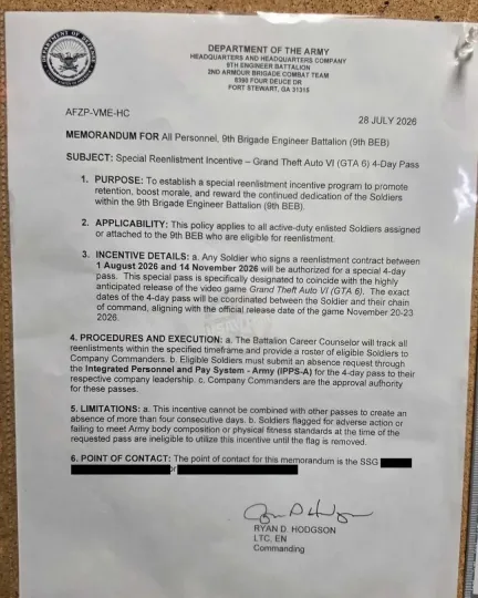 美国陆军承诺续签兵役合同 可请假玩四天《GTA6》