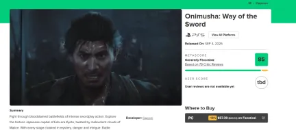 《鬼武者:剑之道》M站PC均分85!媒体评分解禁