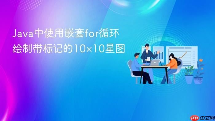 Java中使用嵌套for循环绘制带标记的10×10星图