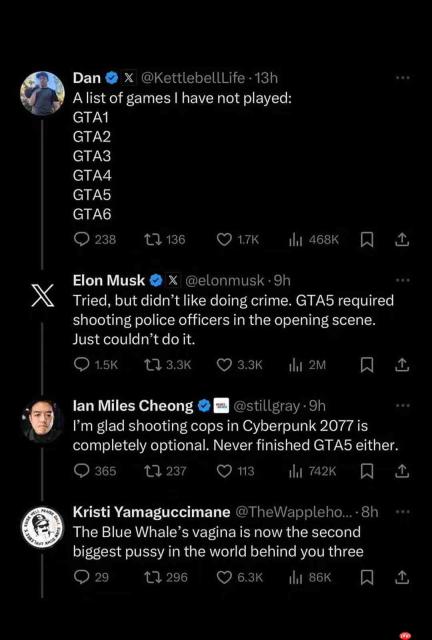 马斯克不玩《GTA6》 不想被迫向警察开枪
