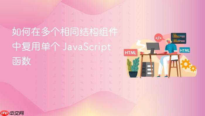 如何在多个相同结构组件中复用单个 JavaScript 函数
