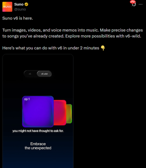 Suno v6 正式上线:图片、视频、语音备忘录一键变音乐,精准编辑歌曲成现实