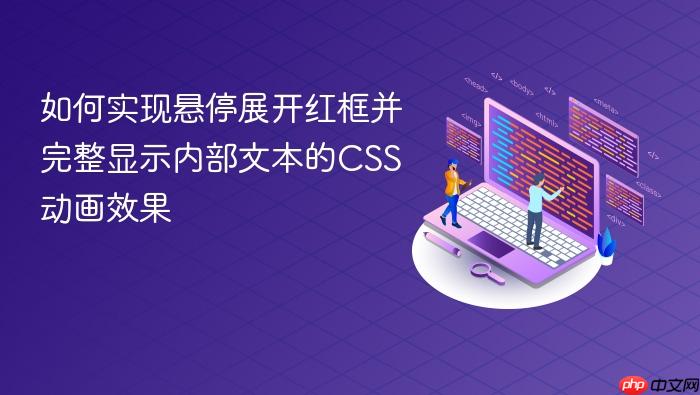 如何实现悬停展开红框并完整显示内部文本的CSS动画效果