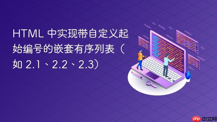HTML 中实现带自定义起始编号的嵌套有序列表(如 2.1、2.2、2.3)