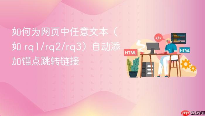 如何为网页中任意文本(如 rq1/rq2/rq3)自动添加锚点跳转链接