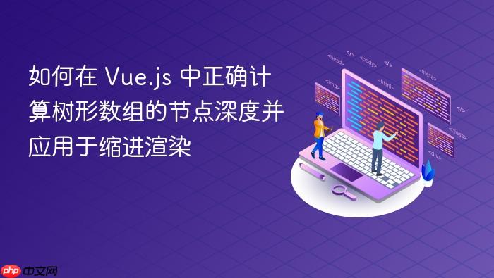 如何在 Vue.js 中正确计算树形数组的节点深度并应用于缩进渲染