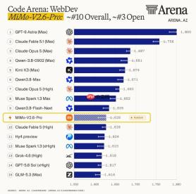 开源大模型格局重塑！小米 MiMo-V2.6-Pro 强势杀回 Code Arena 前十，性能直逼国际第一梯队