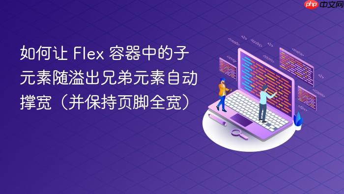 如何让 Flex 容器中的子元素随溢出兄弟元素自动撑宽(并保持页脚全宽)