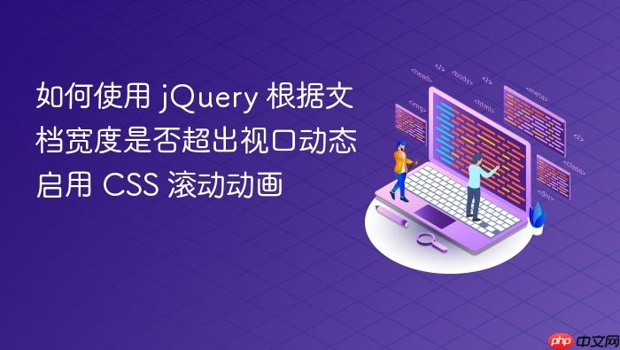 如何使用 jQuery 根据文档宽度是否超出视口动态启用 CSS 滚动动画