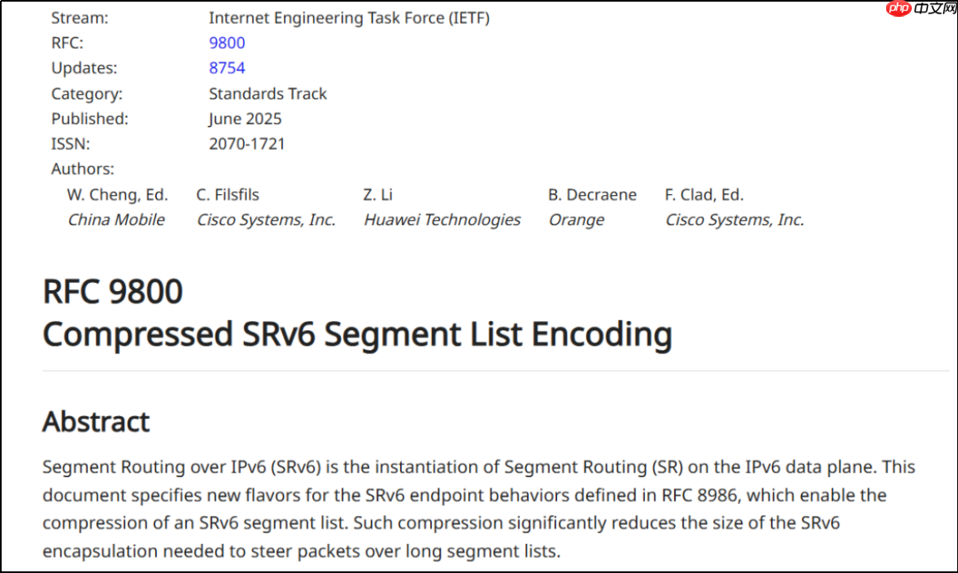 新一代互联网基础协议(SRv6)核心标准 RFC9800 发布,中国移动牵头制定