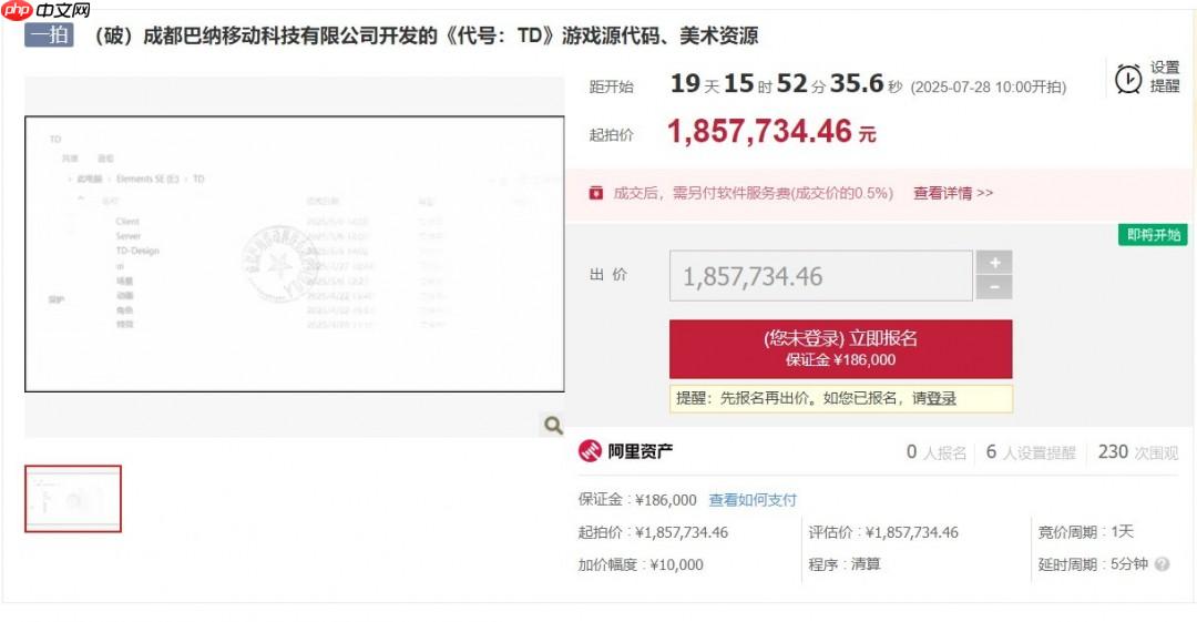 半成品游戏源代码185万起拍!拍卖方:曾投入超千万元