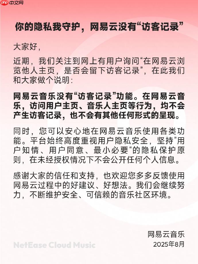 网易云音乐：没有“访客记录”功能，高度重视用户隐私安全